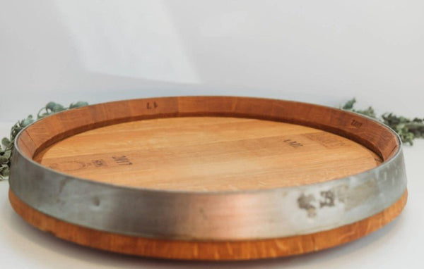 Wine Barrel Head Lazy Susan With Ring and Original Barrel Stamps - inthegardenandmore.com