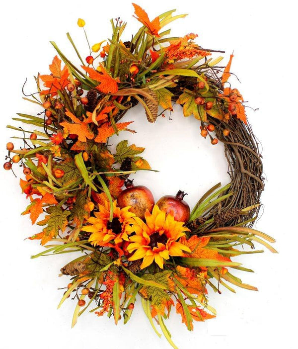 Wispy Sunflower and Pomegranate Fall Grapevine Front Door Wreath - inthegardenandmore.com