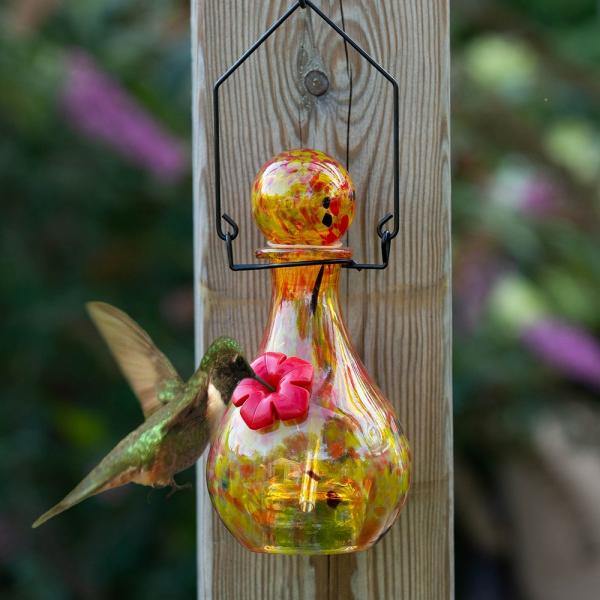 Yellow Handblown Glass Solar LED Luminating Hummingbird Feeder - inthegardenandmore.com